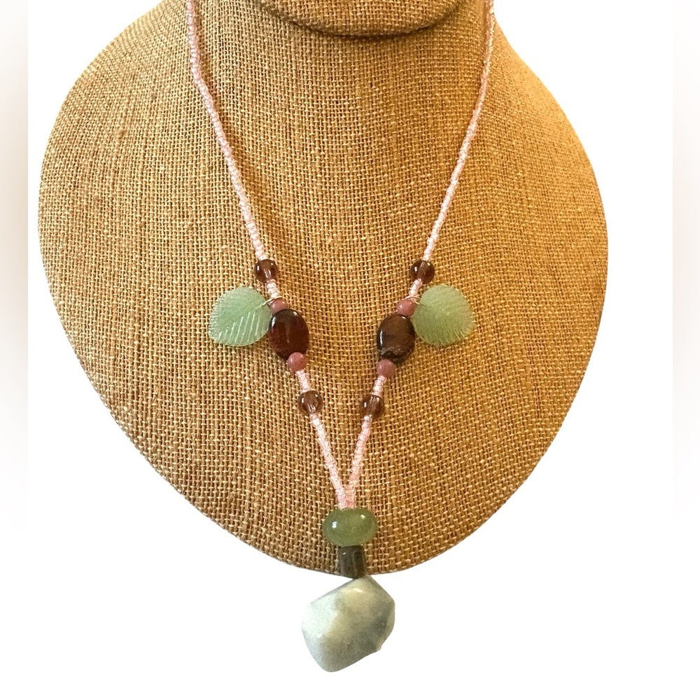 Seed Beaded Necklace with Stones and Glass Leaves with Lobster Claw Clasp